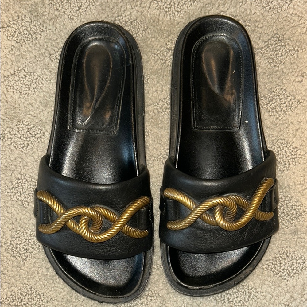 Zara Black and Gold Slide Sandals with Infinity Design